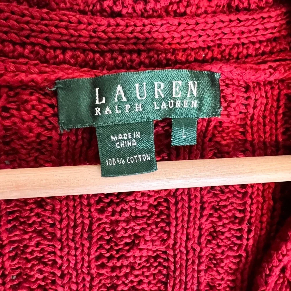 Lauren Ralph Lauren Red Cable Knit V Neck Sweater Bell Sleeve Size‎ L